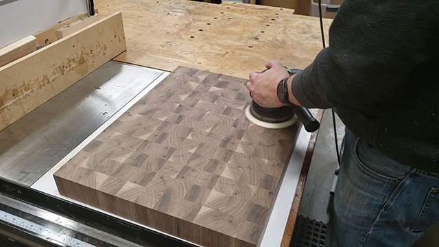 sanding the butcher block